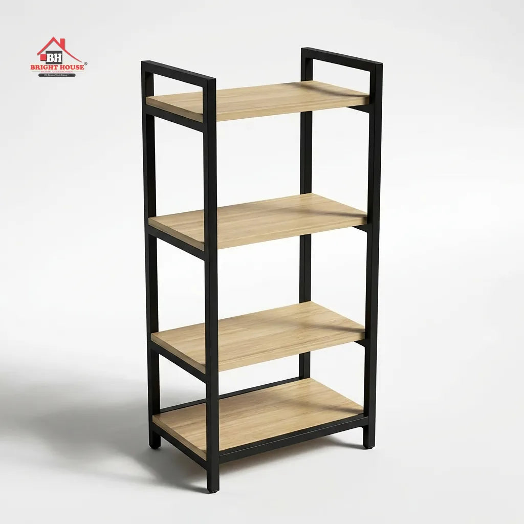 4 tier wooden microwave stand, angled view, iron frame with glass