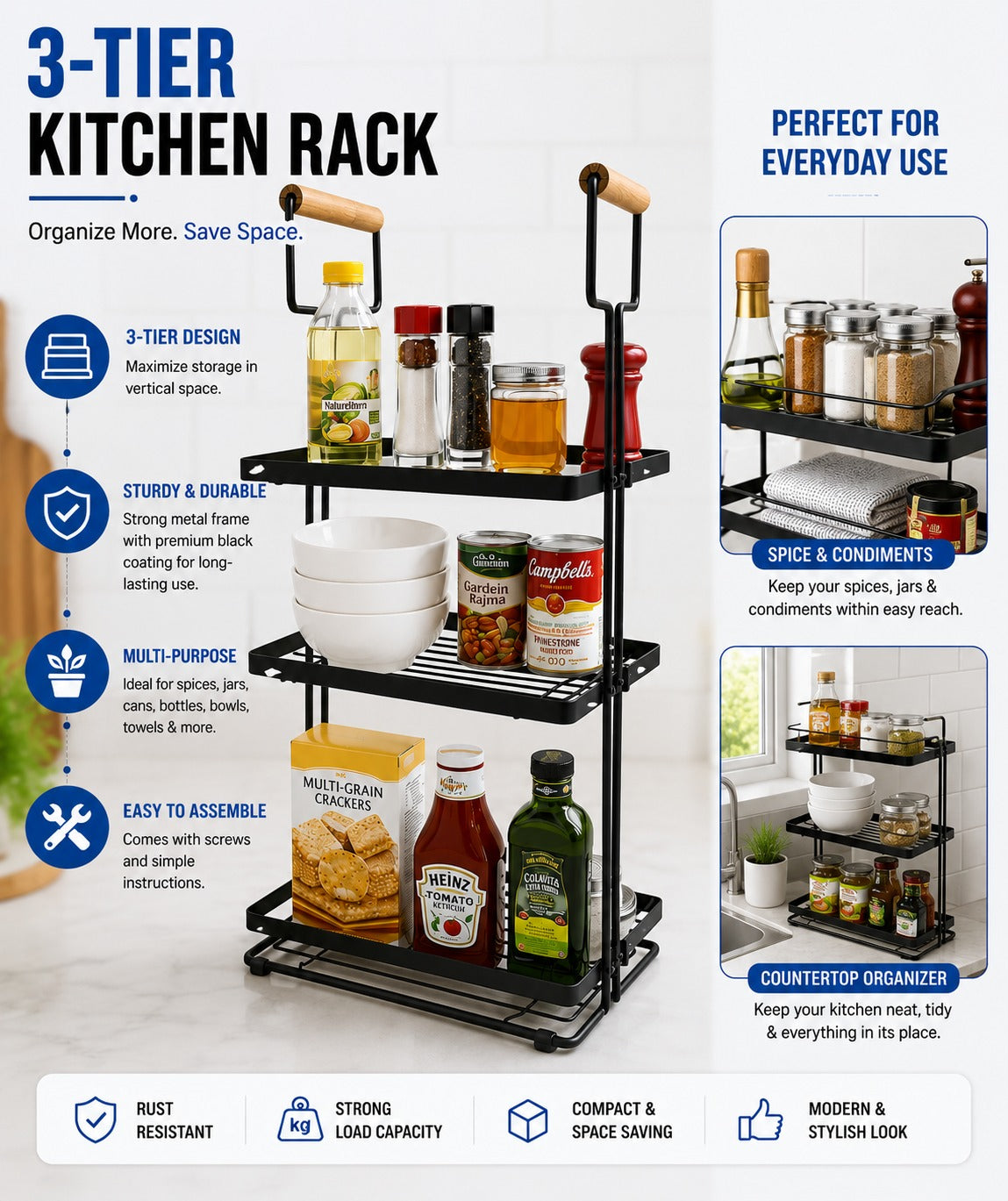 Multi tiers space saving organizer for kitchen and Washroom, Kitchen storage Rack