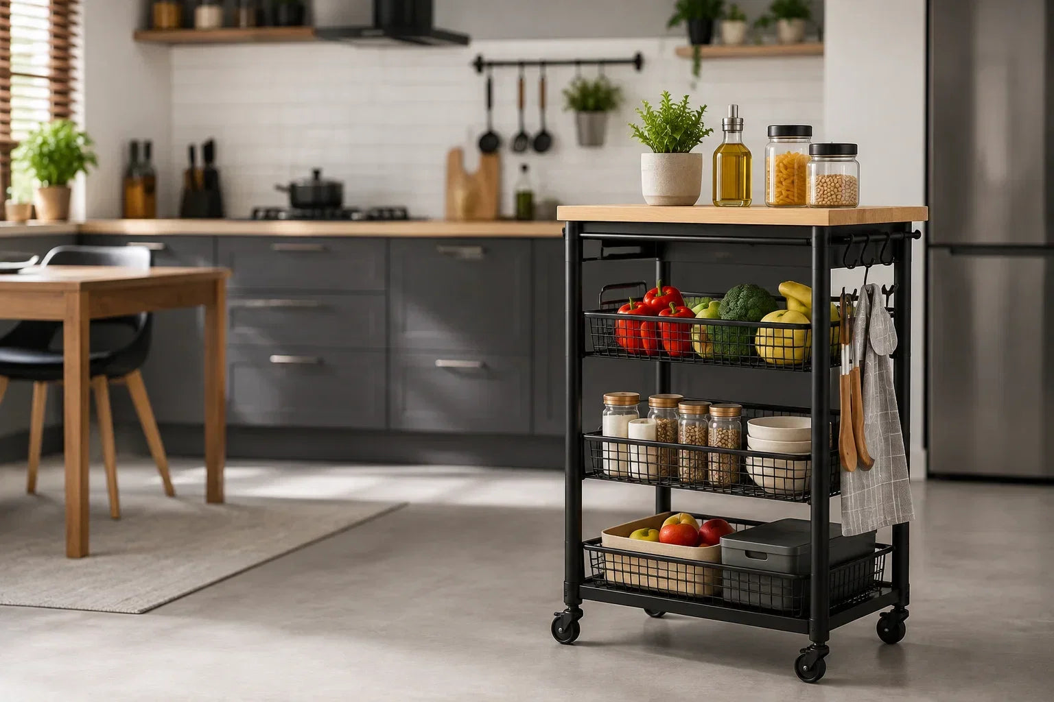 Stainless steel kitchen trolley with wheels in a Pakistani home kitchen