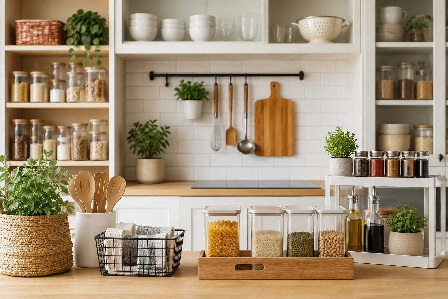 Organized Pakistani kitchen with wall-mounted rack and labeled pantry containers