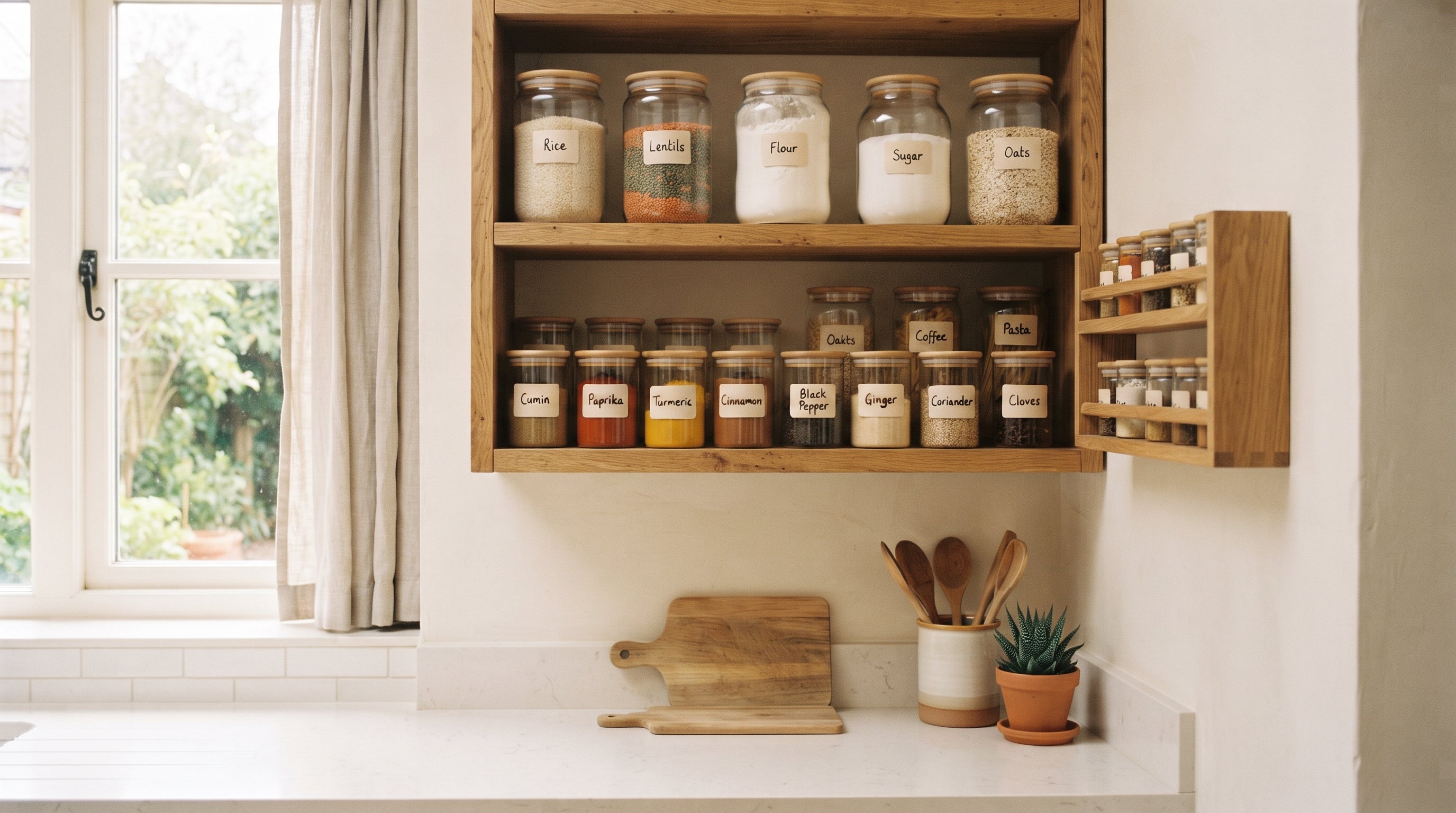Organized pantry shelf with labeled airtight containers, an example of kitchen organization ideas for Pakistani homes