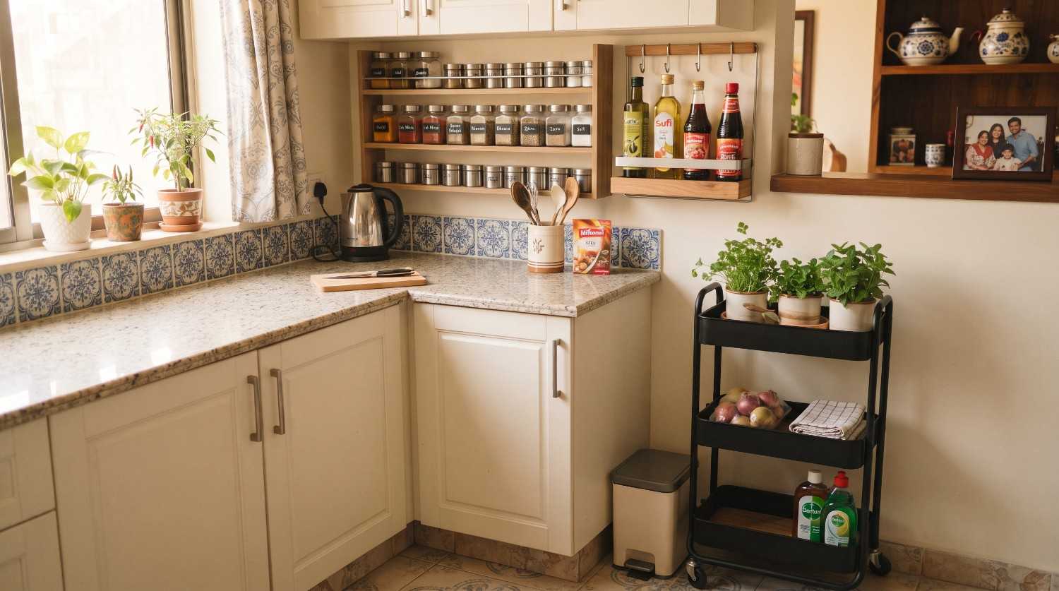 Organized small kitchen in Pakistan with wall storage and a compact trolley