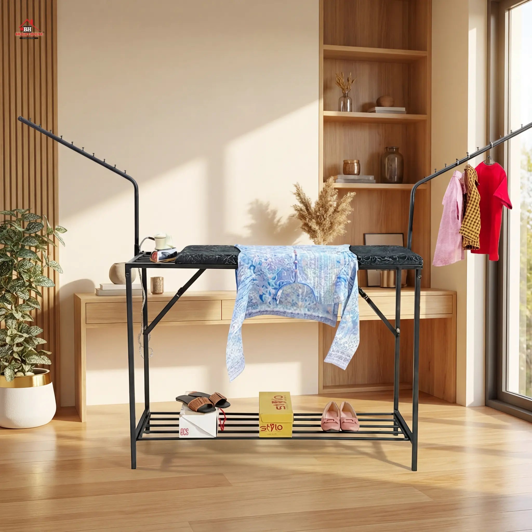 3 in 1 Foldable Iron & Cloth Hanging Stand With Shoes Rack by Bright house