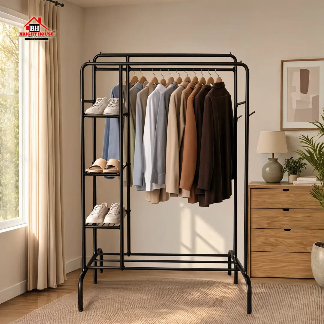 Metal Clothes Stand by Bright House – With Side Storage Shelves & Hooks