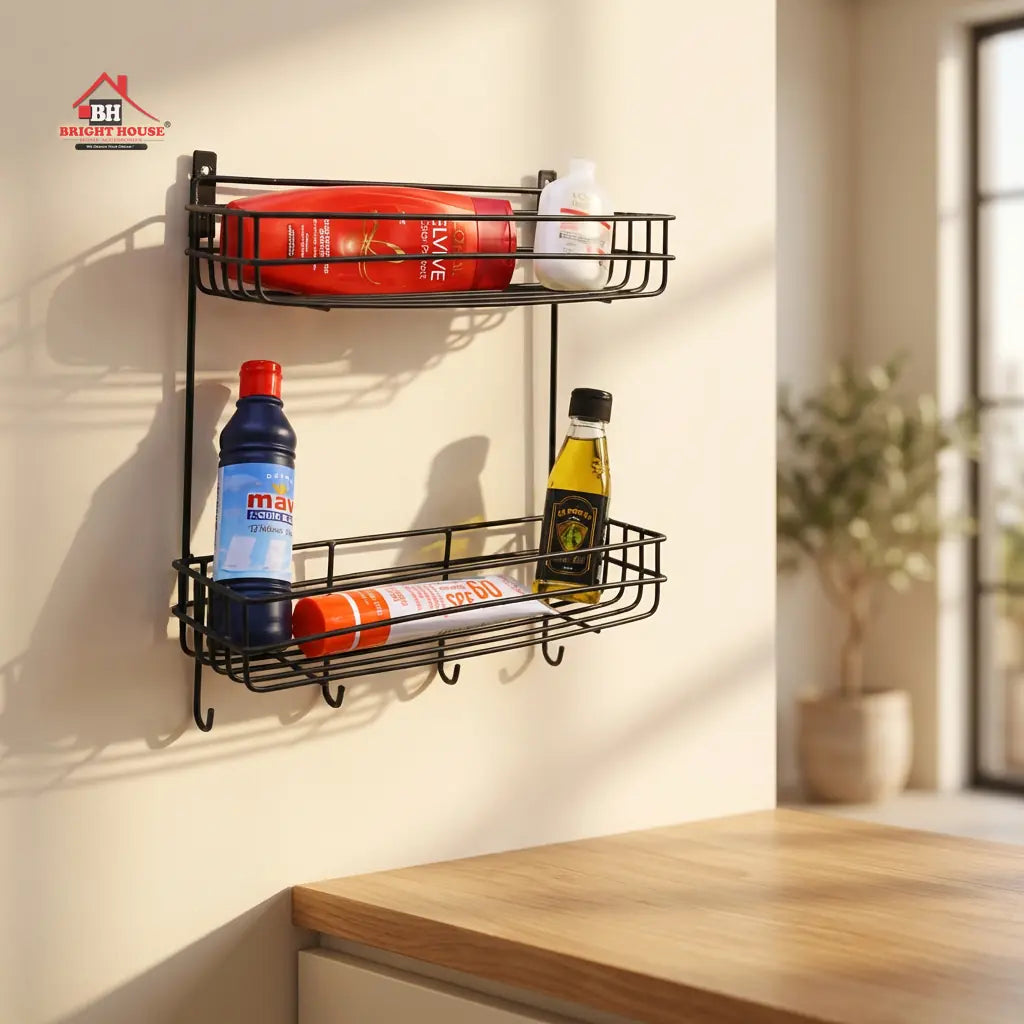 Multipurpose 2 Layers Shelf with Hanging Hooks by Bright House