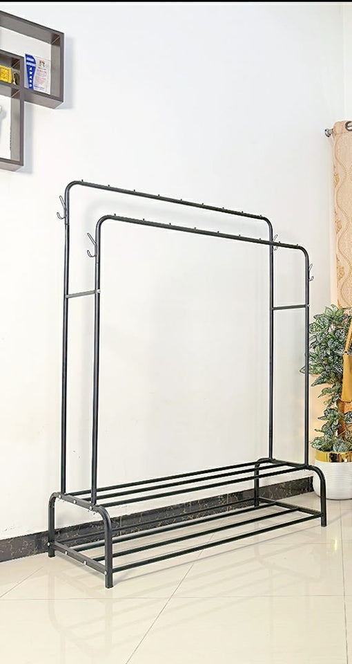 Dual Pole Metal Clothes Stand by Bright House With Dual Shoe Tiers