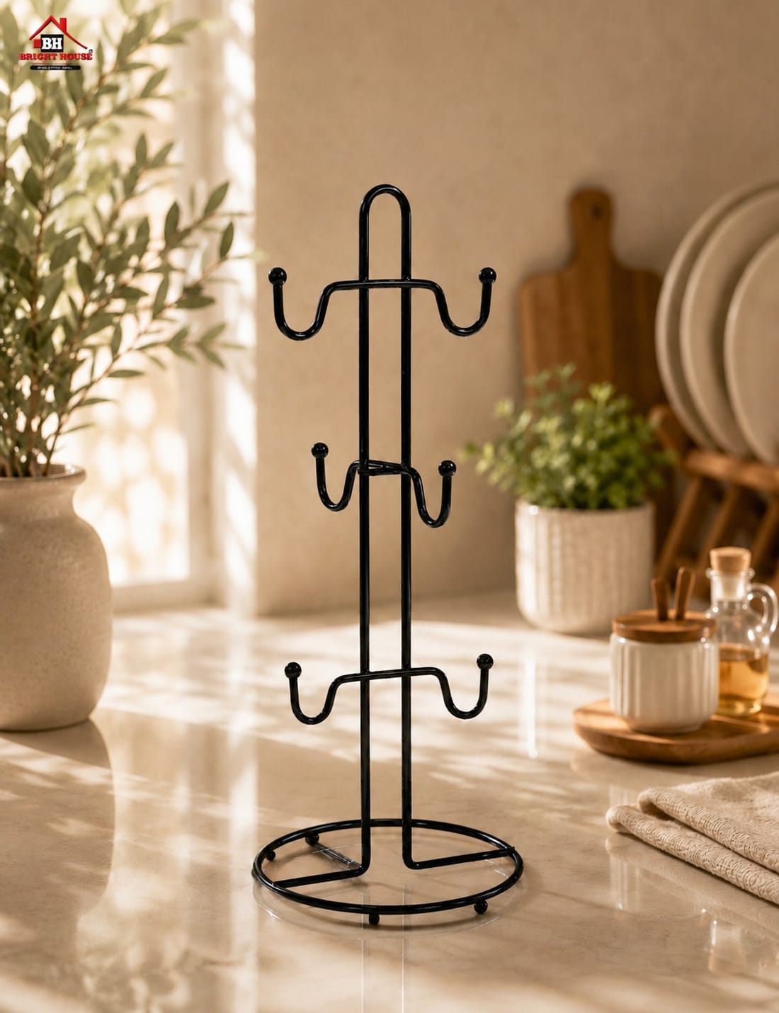 Spectrum Finley 6 Mug Coffee Cup Tree Holder for Countertop Kitchen Storage & Organization of Coffee Mugs Tea Cups Espresso Cups, Sturdy Metal Stand Cup Tree Stand, Black