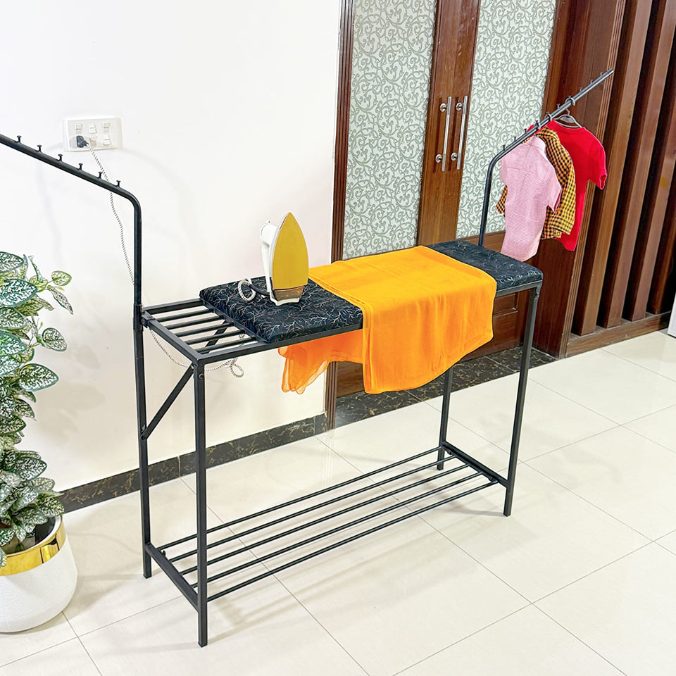 3 in 1 Foldable Iron & Cloth Hanging Stand With Shoes Rack by Bright house