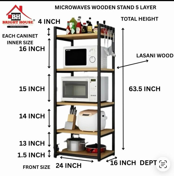 Microwave Stand 5 Layers Wood Multipurpose Organizer by Bright House measurement guide