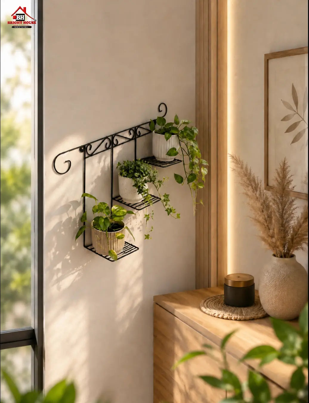Staircase Shape Wall Decoration, Modern Black Iron Plant Stand, Creative Interior Shelf for Living Room, Office, Corridor